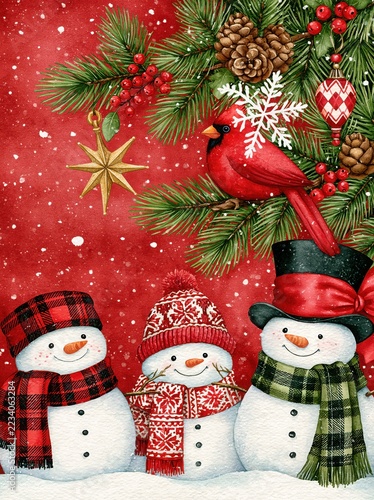 Festive Watercolor Christmas Snowmen with a Red Cardinal, Pine Branches and Falling Snow on a Vibrant Red Background