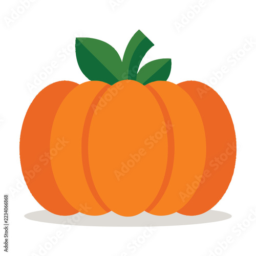 Vibrant orange pumpkin with green leaves on top isolated on white background for fall decor