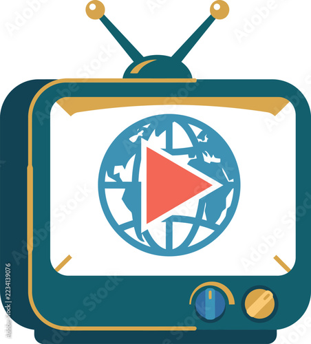 Retro television set with a global play button icon