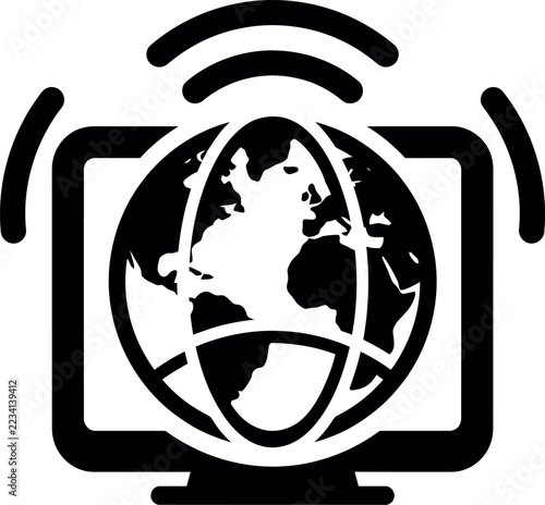 Black global internet connection icon on computer monitor