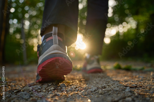 Close-up of person walking on forest trail in hiking shoes