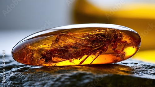 resin. Extreme close-up of a prehistoric insect preserved in clear golden amber on dark stone. STEM education sheets, lab safety posters, designed for STEM education and laboratory safety posters.
