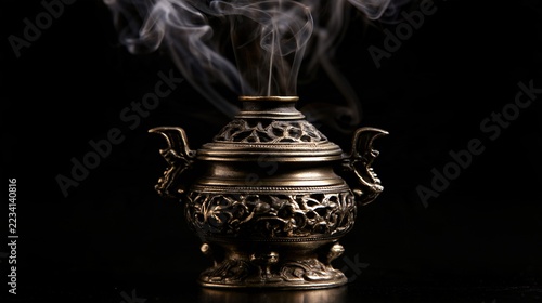 burner. Ancient bronze incense burner emitting smoke trails. event programs, museum guides, cultural reports, designed for cultural heritage projects and event programs, used by PR specialists.