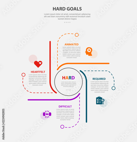 hard goals infographic template with four point outline center hub pinwheel spoke layout, outline style