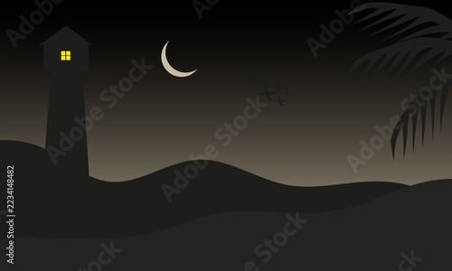 Minimalist Night Landscape with Lighthouse, Crescent Moon and Flying Birds Silhouette