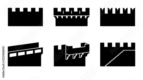 Castle wall silhouettes set with battlements, parapets and stairs for medieval architecture