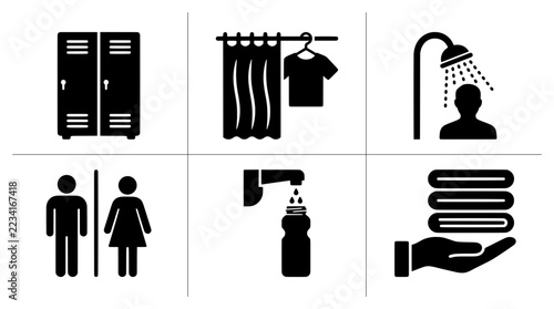 Locker room silhouettes set with changing curtain, shower, toilet signs and towel for gym or spa signage