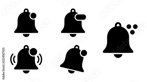 Bell silhouettes set with notification alert, ringing and sound icons for apps and web