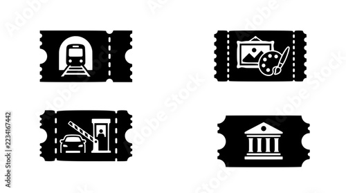 Ticket silhouettes with train, art, toll booth and museum icons for entry or event access