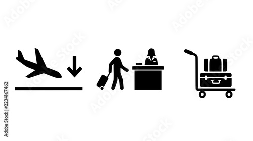 Airport arrival and check-in silhouettes set with airplane, passenger with luggage and baggage cart for travel and transport signage