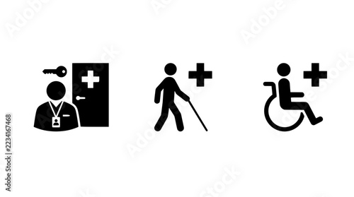 Accessibility icons set with person with cane, wheelchair user and access symbol for signage