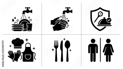 Hygiene and safety icons set with washing dishes, hands, food service, chef, cutlery and restroom signs for apps and web