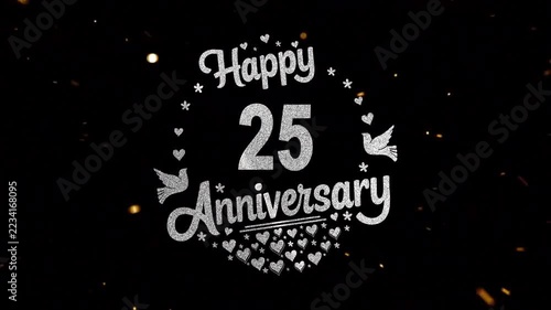 happy twenty-five silver anniversary gold text with particle gold, heart, bird in black background. 25th year anniversary celebration
