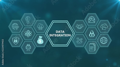 Data integration and information management digital network concept with connected hexagonal icons on blue background