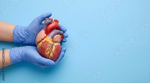 Human hands holding anatomical heart model with gloves on light blue background