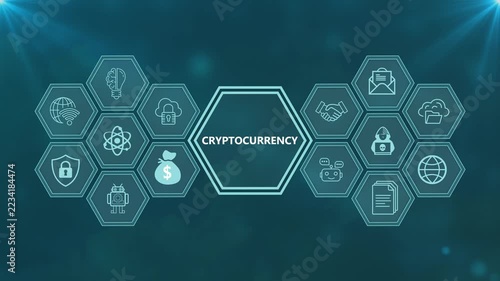 Cryptocurrency and blockchain network concept with digital data icons glowing on abstract tech background