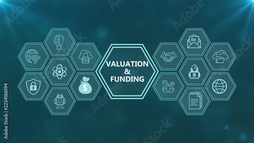 Valuation and funding concept display with business growth icons and financial symbols in a digital network interface