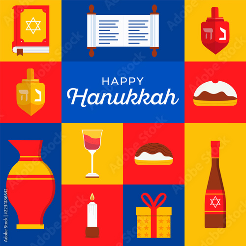 Happy Hanukkah Square Social Media Post Grid Icons Flat Vector