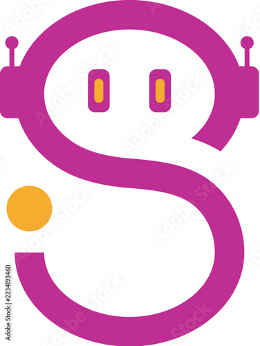 Letter S robot AI logo design with cute bot mascot vector illustration