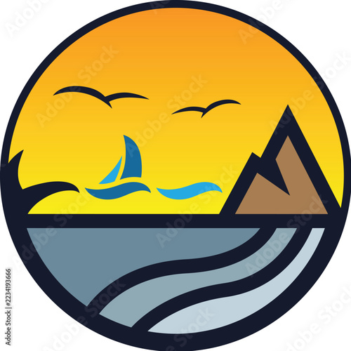 Island and ocean landscape badge logo design with sunset vector illustration