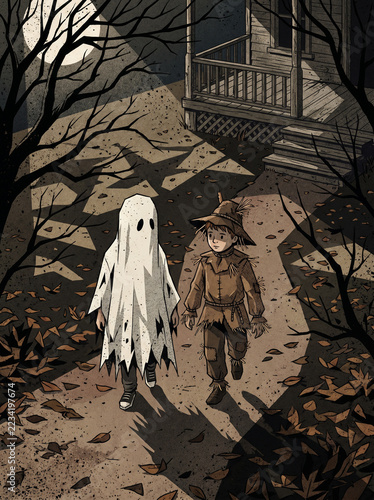 Atmospheric digital illustration of two young children wearing classic ghost and scarecrow costumes walking down a dark leafy path toward a creepy old house on a spooky Halloween night.
