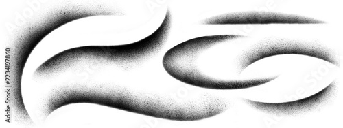 Fotografie Abstract black grainy fluid curves and elongated oval shapes with soft spray paint shading, dusty edges and distressed airbrush texture