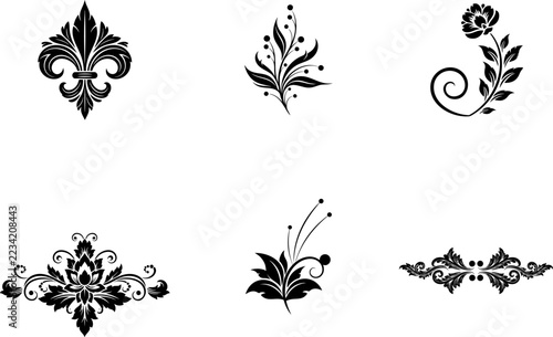Elegant Black Floral Swirls And Ornate Damask Flourish Elements For Classic Design Decoration Projects