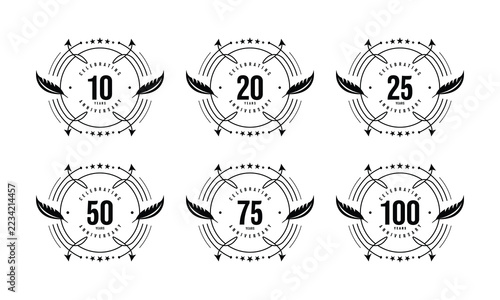 Set of 6 Anniversary Celebration Emblems, 10 20 25 50 75 and 100 Years Vintage Black Badge Vector Collection