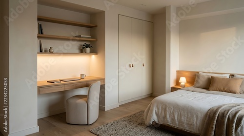 Modern Bedroom with Integrated Workspace and Cozy Lighting.