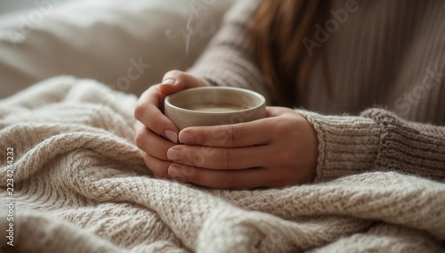 Beautiful Woman Holding a Cup of Coffee or Tea at Home, Enjoying a Peaceful Morning Moment in Bed with a Relaxed Expression