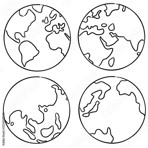 World globes showing various continents hand drawn doodle style vector illustration