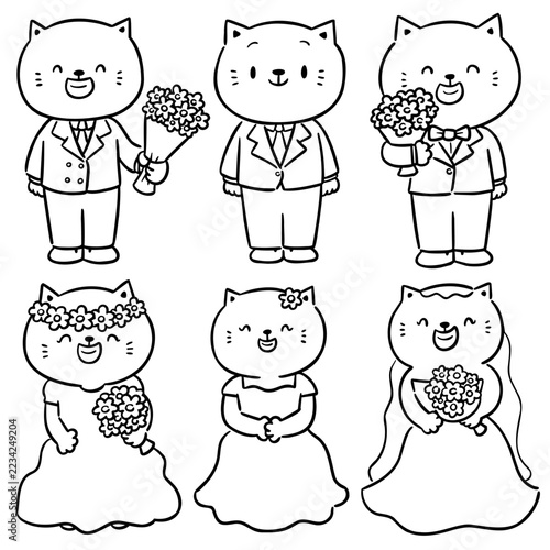 Bride and groom cats in wedding suits and dresses hand drawn doodle style vector illustration
