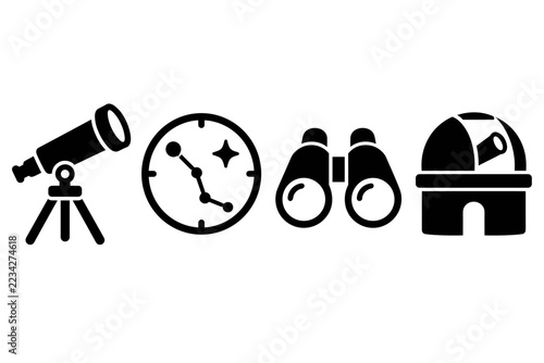 Astronomy icon set with telescope binoculars clock and observatory