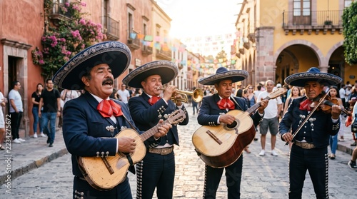Mexican mariachi musician in traditional charro costume and sombrero playing guitar, folk music performance celebrating Mexican culture