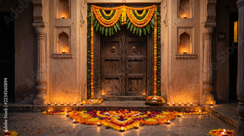 Traditional Diwali Home Decoration with Marigold Flowers and Glowing Diyas