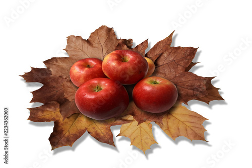 An autumn composition of red apples and brown leaves.