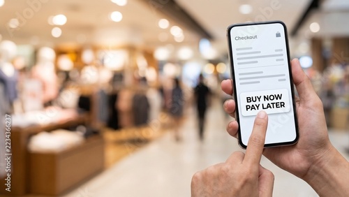 Buy now pay later concept for online shopping representing flexible payment, installment credit and mobile checkout for retail customers