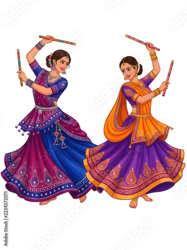 Two indian women in traditional ethnic attire performing the garba dance with dandiya sticks, celebrating the navratri festival, isolated on white background