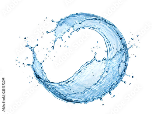 A dynamic circular splash of clear water with droplets and ripples, creating a refreshing and fluid motion effect, isolated on white background