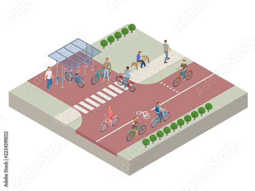 isometric cyclists on a bike lane beside a bike shelter