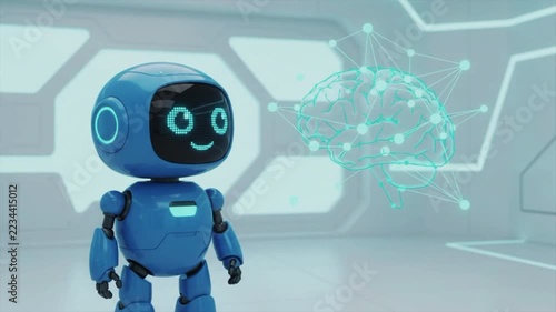 Cute 3D Mascot Blue Robot Character Presenting Glowing AI Brain Neural Network Hologram in Futuristic Lab