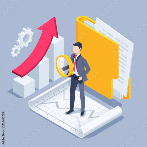 isometric vector image on a gray background, businessman with  magnifying glass stands next to a folder and a chart with upward-pointing arrow, analyst or successful manager.
