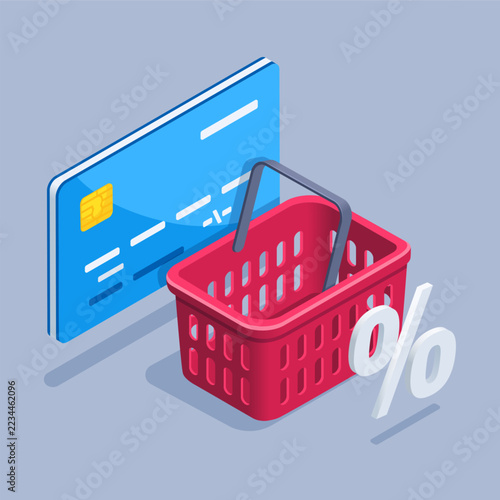 isometric vector image on a gray background, shopping basket next to a payment card and a percentage sign, sale or promotion with discount