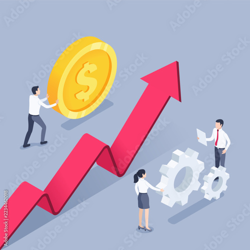 isometric vector image on a gray background, A businessman rolls a large coin next to an upward-pointing arrow, with people standing near gears, financial growth and teamwork toward a common goal