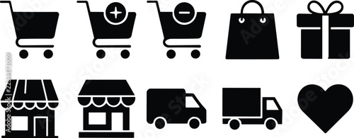 E-commerce and Shopping Icon Set with Shopping Cart, Gift Box, Storefront, Delivery Truck, minimalist, isolated on white background solid vector collection