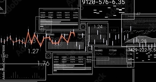 Displaying central data dashboard panels on dark screen, showing orange line graph and candlesticks