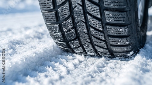 Winter tire tread gripping fresh snow in close view with icy texture, safety and traction detail sca