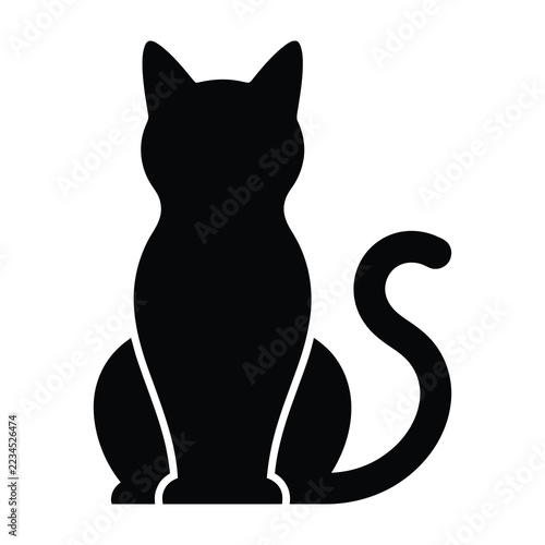 Black silhouette of a sitting cat from behind with curled tail