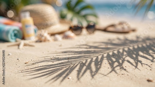 Summer beach vacation accessories on sand with palm tree leaf shadow and ocean view.