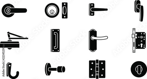 Door hardware accessory icon pack featuring lever handles deadbolt lock cylinder mechanism automatic closer hinge stopper pull plate and window latch